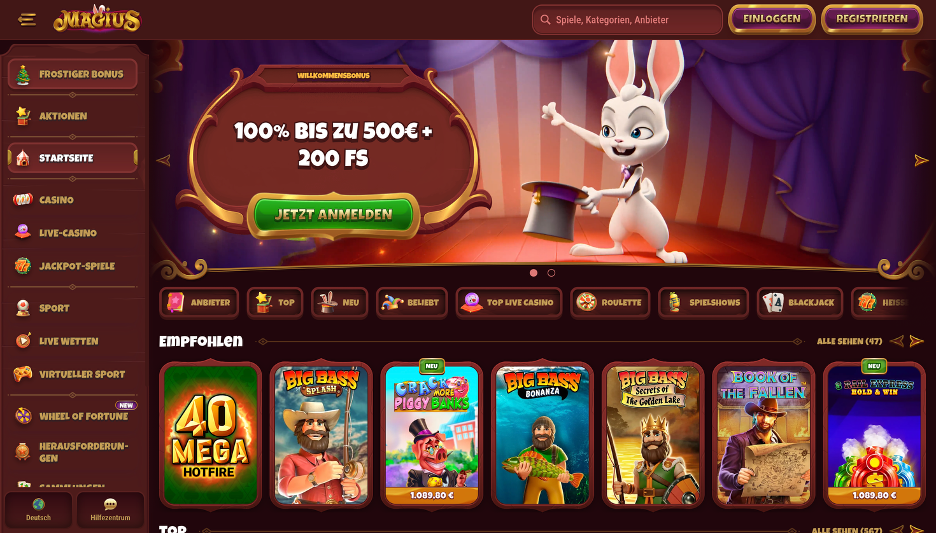 Startseite des Magius Casinos